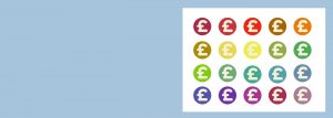 Graphic with lots of differently-coloured circles with pound signs inside them